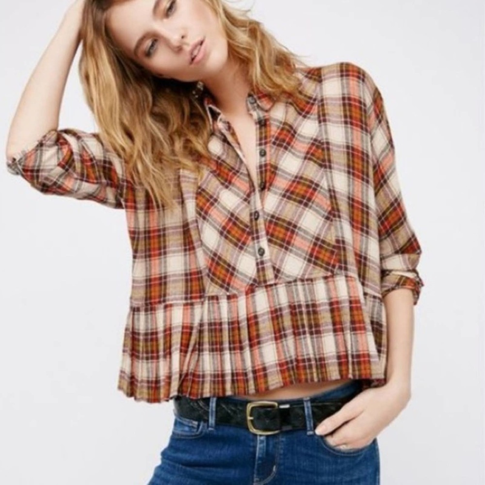 Free People Promise Everything Boho Plaid Oversized Ruffle Crop Top